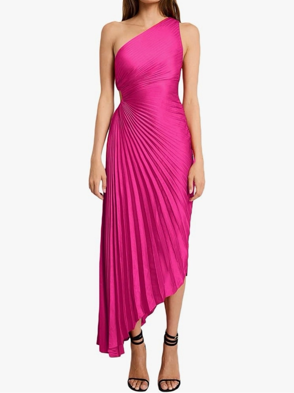 One-Shoulder Fuchsia Pleated Asymmetric Midi Dress